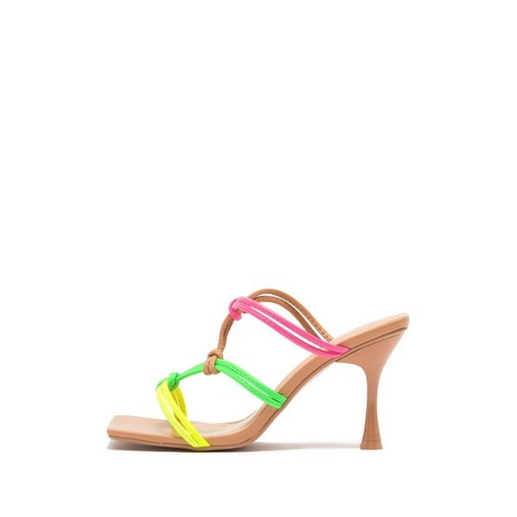 Cape Robbin Newly Mid Heel Slip ON Multi Neon Color Open Toe Mule Slide Sandals (Nude, 6.5)