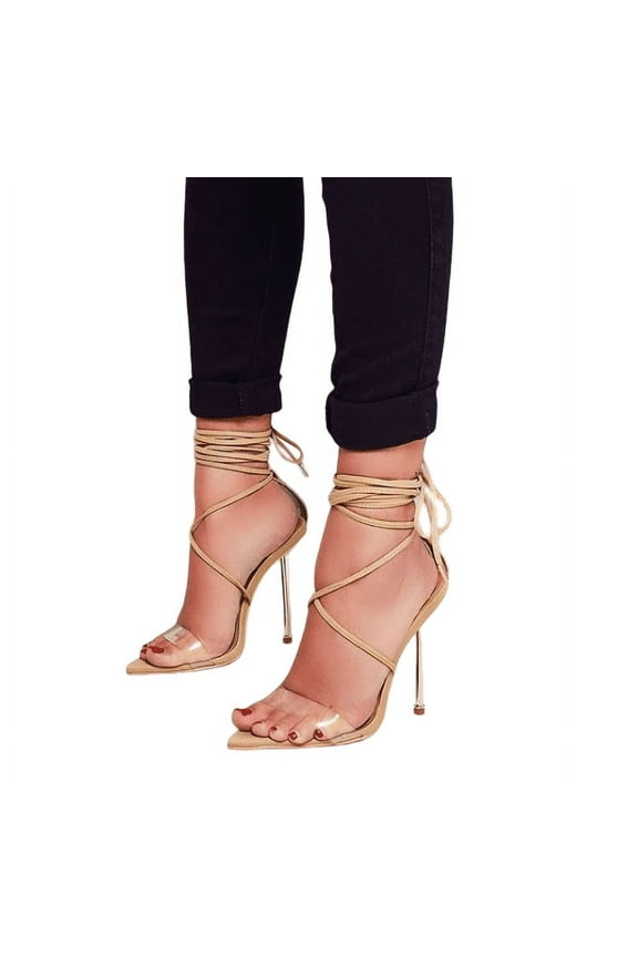 Cape Robbin Nobu Nude Lycra Transparent Clear Open Tie Up Stiletto Heeled Sandal (10, Nude)