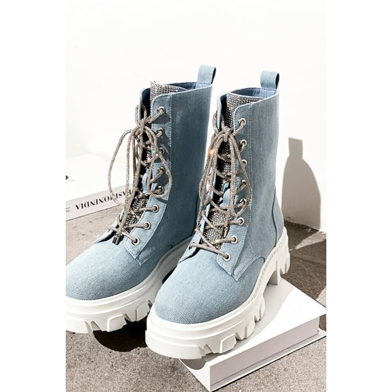 Cape Robbin Nunani Denim Lace Up Chunky Lug Sole Rounded Toe Ankle Combat Boots (Denim, 10)
