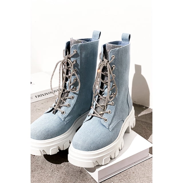 Cape Robbin Nunani Denim Lace Up Chunky Lug Sole Rounded Toe Ankle ...