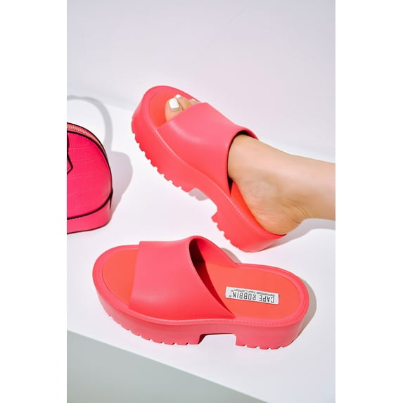 Cape Robbin Oriya Chunky Block Heel Slip On Rounded Open Toe Slides Sandals (Fuchsia, 8)