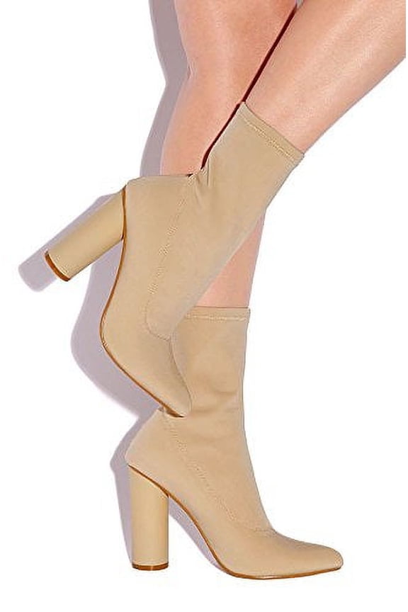Paw-1 Fitted Pointed Toe Cylinder Heeled Slip On Stretch Ankle Boots (Nude, 10)