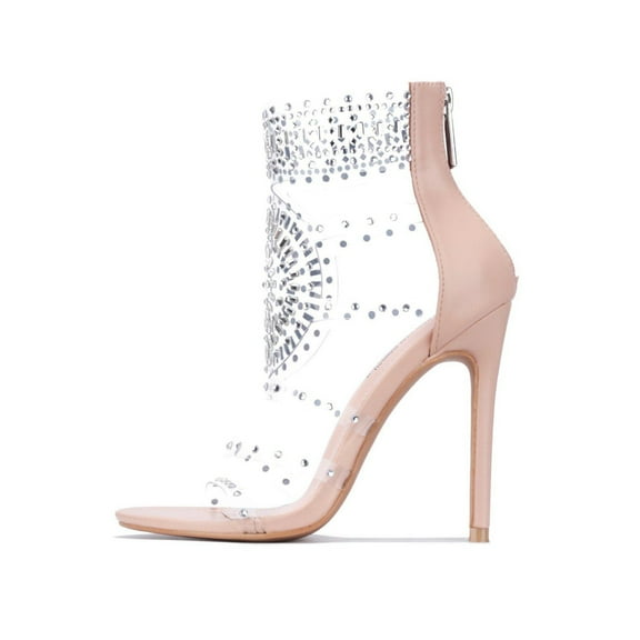 Cape Robbin Pepero Nude Embellished Clear Rhinestone Open Toe Bootie Sandals (Nude, 6.5)