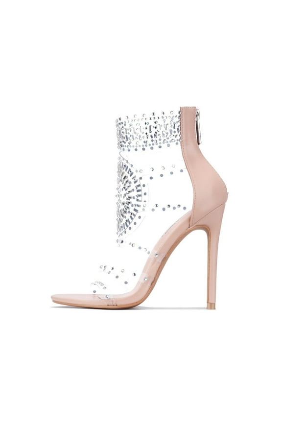 Pepero Nude Embellished Clear Rhinestone Open Toe Bootie Sandals (Nude, 6.5)