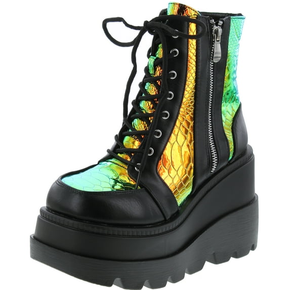 Cape Robbin Radio Holographic Platform Ankle Boots with Chunky Block Heels for Women
