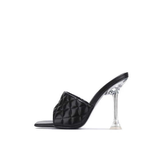 Cape Robbin Rafa Black Quilted Mule Square Open Toe Stiletto Heels Pumps Sandals (Black, 8.5)