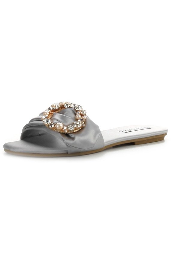 Sadie-3 Grey Slip On Fashion Mule Silk Broche Flat Open Toe Sandals (Gray, 5.5)