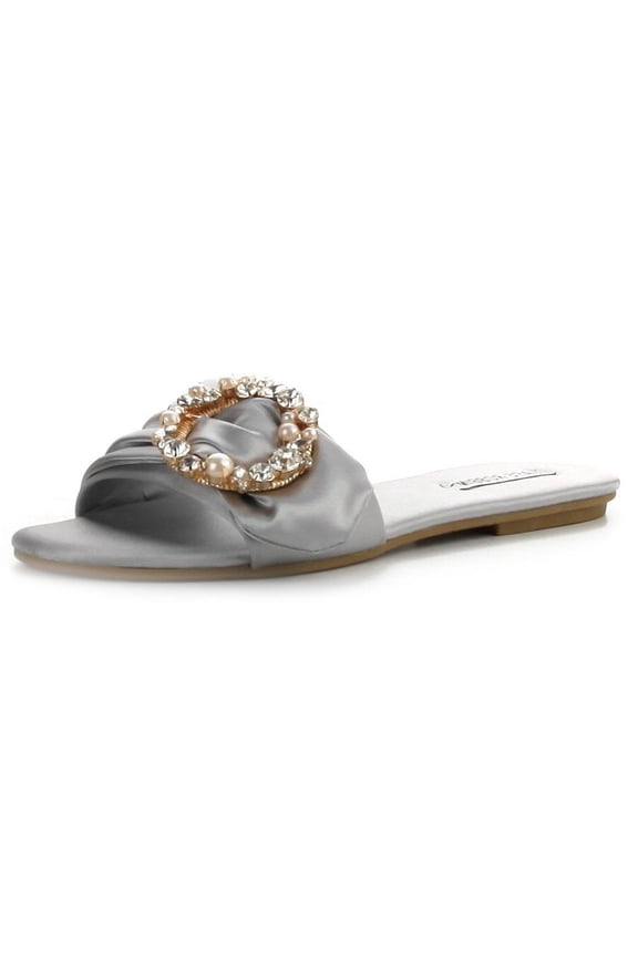 Sadie-3 Grey Slip On Fashion Mule Silk Broche Flat Open Toe Sandals (Gray, 5.5)