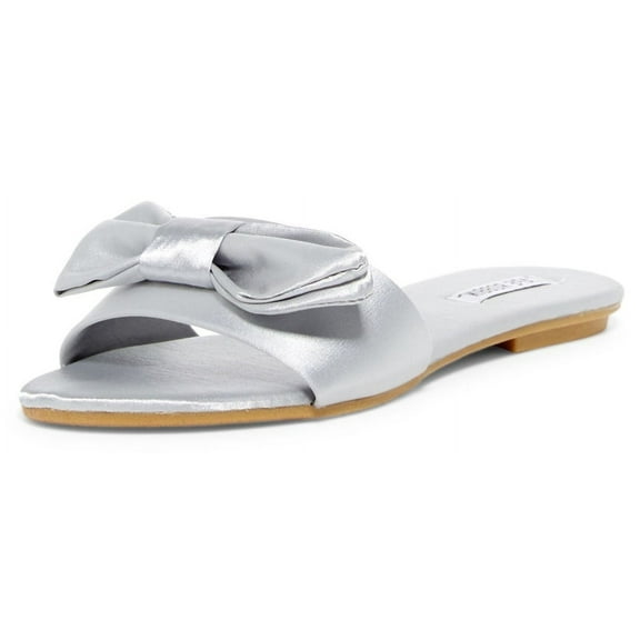 Cape Robbin Sadie-2 Gray Gold Satin Bow Pool Slide Mules Fashion Flat Sandals