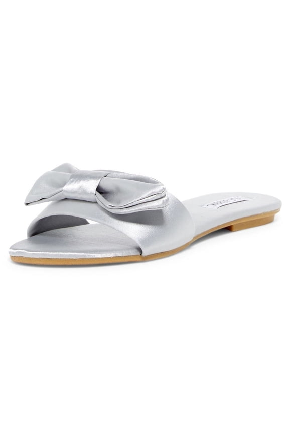 Sadie-2 Gray Gold Satin Bow Pool Slide Mules Fashion Flat Sandals