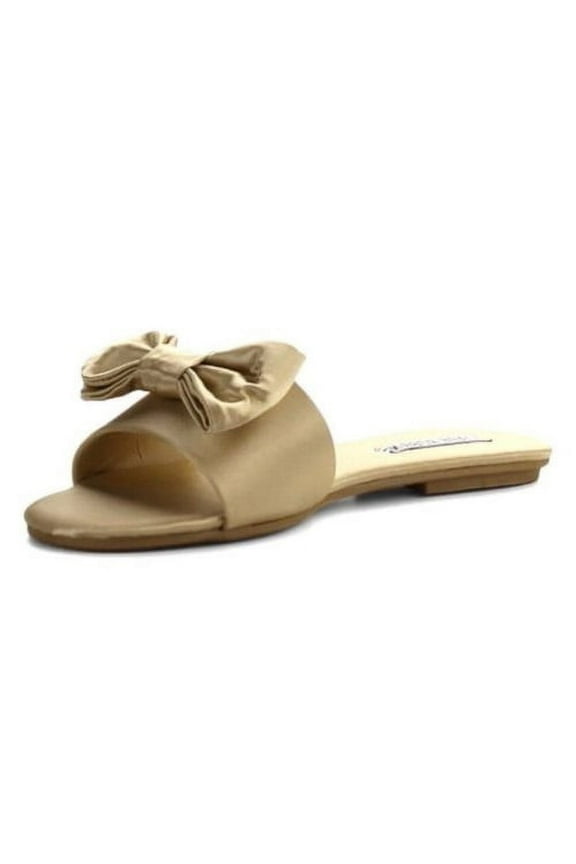 Sadie-2 Nude Gold Satin Bow Comfortable Slides Mules Flat Sandals