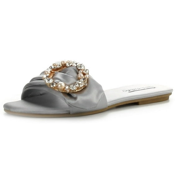 Cape Robbin Sadie-3 Grey Slip On Fashion Mule Silk Broche Flat Open Toe Sandals (Gray, 6.5)