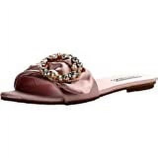 Cape Robbin Sadie-3 Pink Satin Rhinestone Brooch Open Toe Slide Flat Sandal (5.5)