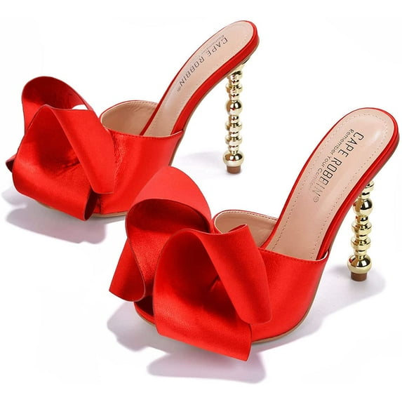 Cape Robbin Salsa Red Sexy High Heels Ribbon Open Toe Gold Sculptural Oval Pumps (7.5, RED)