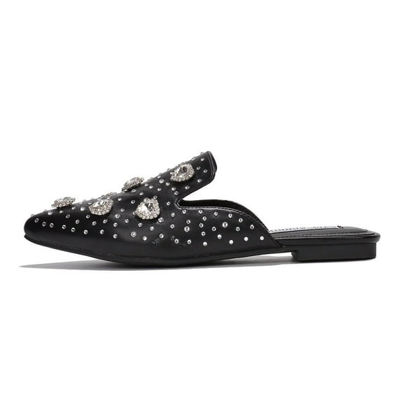 Cape Robbin Sandals Women Flat Mule Sierra Rhinestone Stud Detail Pointed Toe Slip On Fashion Flats (Black Multi Rhinestone, 7)