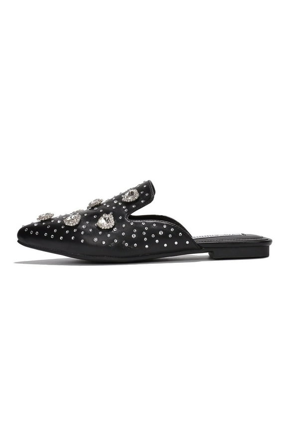 Sandals Women Flat Mule Sierra Rhinestone Stud Detail Pointed Toe Slip On Fashion Flats (Black Multi Rhinestone, 7)