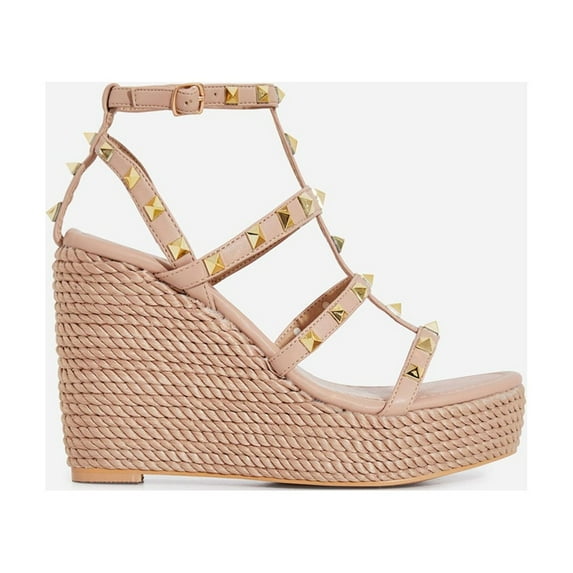 Cape Robbin Summer Gladiator Gold Stud Strappy Open Toe Wedge Platform Sandals (6.5, Nude)