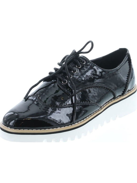 Venus-1 Womens Fashion Patent Leather Lugged Sole Lace Up Platform Oxford Shoes, Black, 6