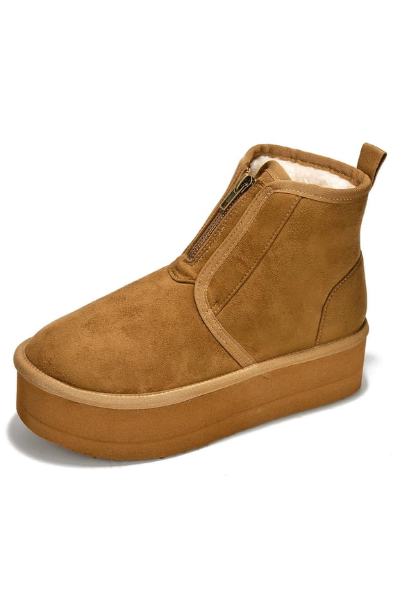 Women Ankle Boots Flat Heel Platform Flatform Round Toe Warm Fur Front Zipper Light Weight Booties MIANE Tan Brown Camel Suede 10