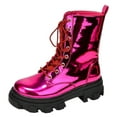 thumbnail image 1 of Cape Robbin Women Ankle Combat Boots Lug Platform Sole Booties Lace Up Round Toe Rhinestone Bling NUNANI Hot Pink Metallic Fuchsia Patent 5, 1 of 5