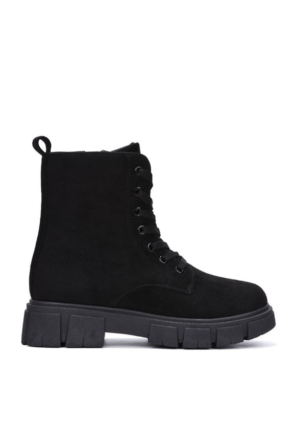 Women Ankle Combat Boots Lug Platform Sole Booties Lace Up Round Toe Side Zipper Suede SHANDA Black 5