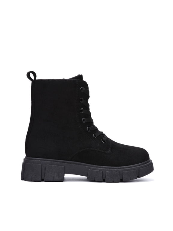 Women Ankle Combat Boots Lug Platform Sole Booties Lace Up Round Toe Side Zipper Suede SHANDA Black 7