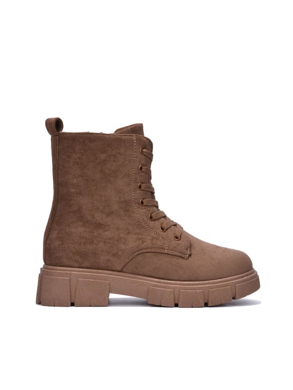 Women Ankle Combat Boots Lug Platform Sole Booties Lace Up Round Toe Side Zipper Suede SHANDA Tan Brown 9