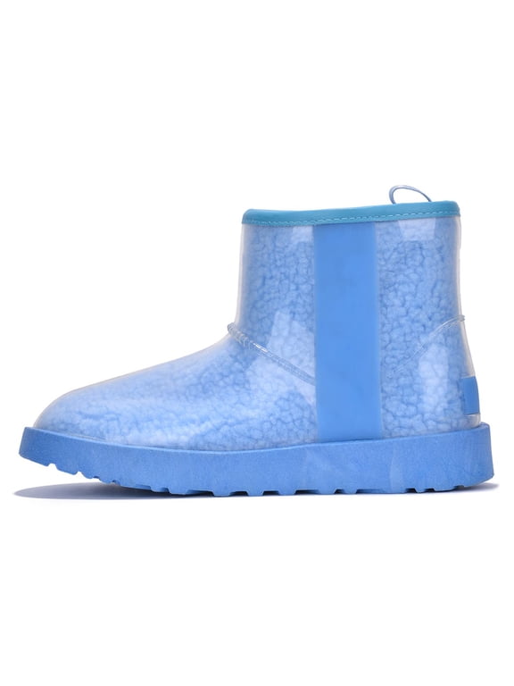 Cape Robbin Women Ankle Snow Rain Boots Flat Platform Warm Fur Clear Leather Lug Sole Waterproof Booties Slip On Round Toe BAYBERRY Blue 7
