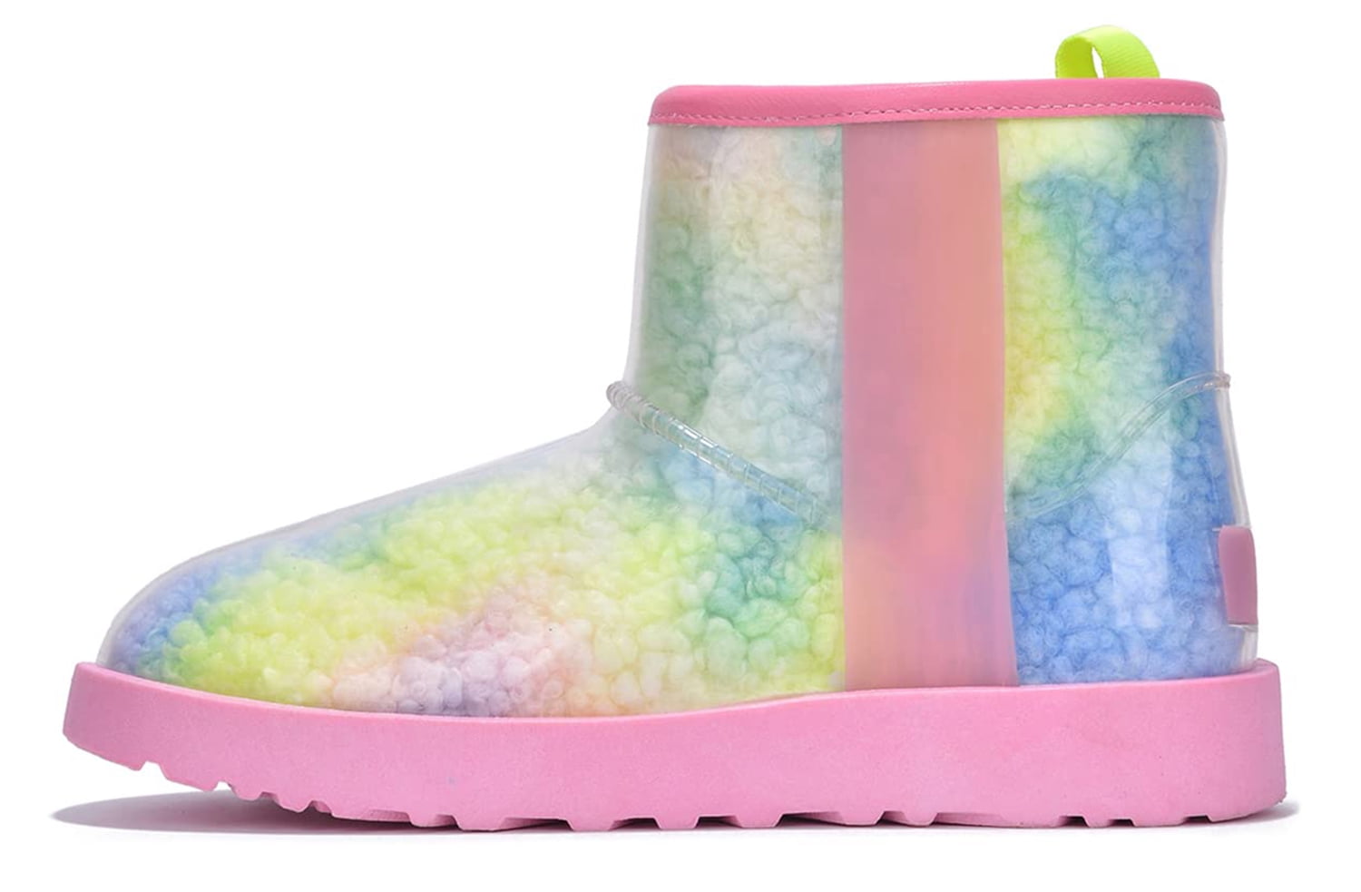 Cape Robbin Women Ankle Snow Rain Boots Flat Platform Warm Fur Clear Leather Lug Sole Waterproof Booties Slip On Round Toe BAYBERRY Multi Colored Rainbow Pinkish Colorful 10