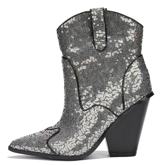 Cape Robbin Women Cowgirl Cowboy Western Ankle Boots Pointy Toe Rhinestone Sequin Short Heel Slip-On Booties PRIDA Black Silver 6.5