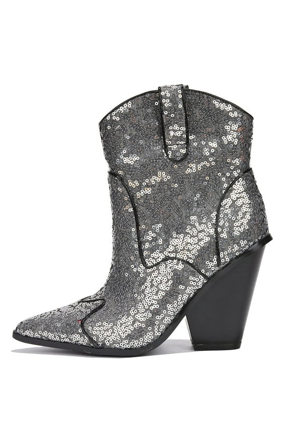 Women Cowgirl Cowboy Western Ankle Boots Pointy Toe Rhinestone Sequin Short Heel Slip-On Booties PRIDA Black Silver 6