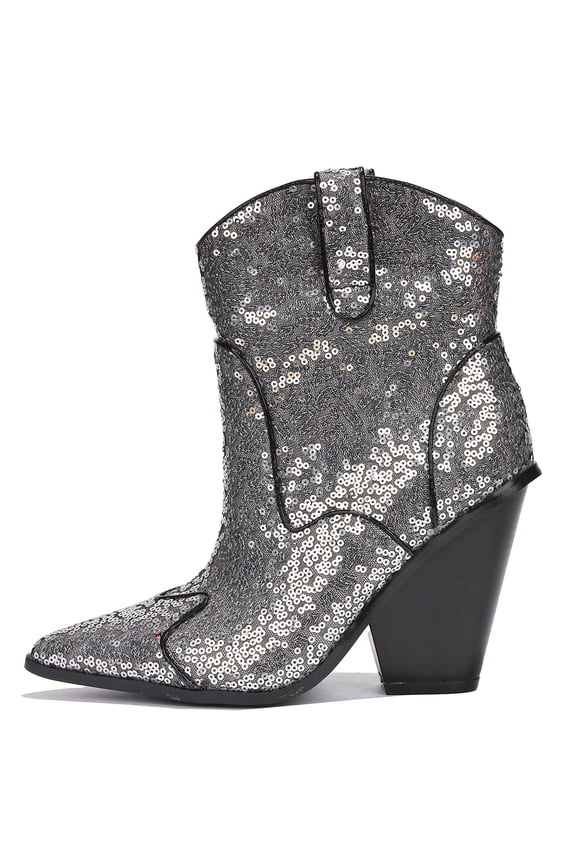 Women Cowgirl Cowboy Western Ankle Boots Pointy Toe Rhinestone Sequin Short Heel Slip-On Booties PRIDA Black Silver 7
