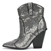 Cape Robbin Women Cowgirl Cowboy Western Ankle Boots Pointy Toe Rhinestone Sequin Short Heel Slip-On Booties PRIDA Black Silver 7
