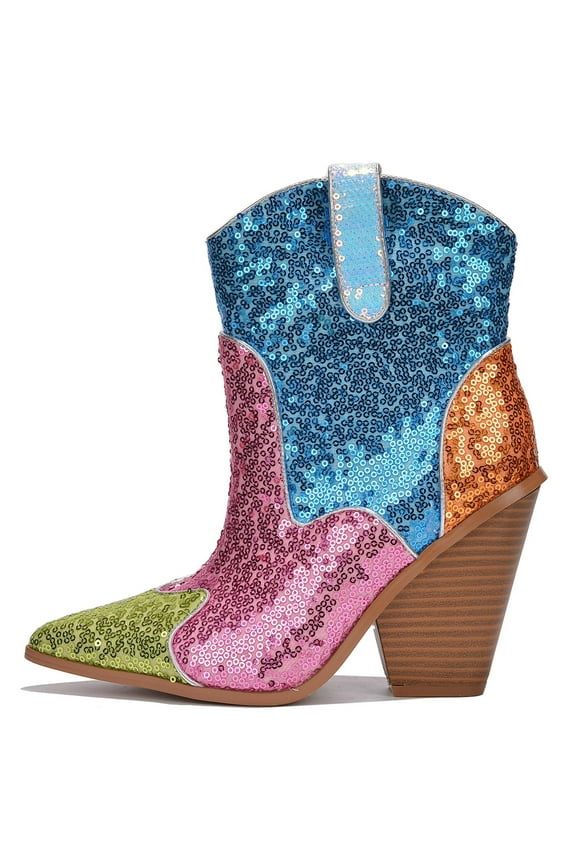 Women Cowgirl Cowboy Western Ankle Boots Pointy Toe Rhinestone Sequin Short Heel Slip-On Booties PRIDA Multi Color Rainbow Colorful 5.5