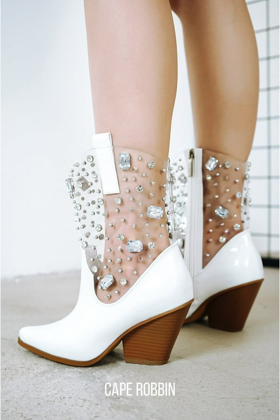Women Cowgirl Cowboy Western Ankle Boots Pointy Toe Rhinestone Studs Short Heel Clear Booties CHRIENA White 8.5