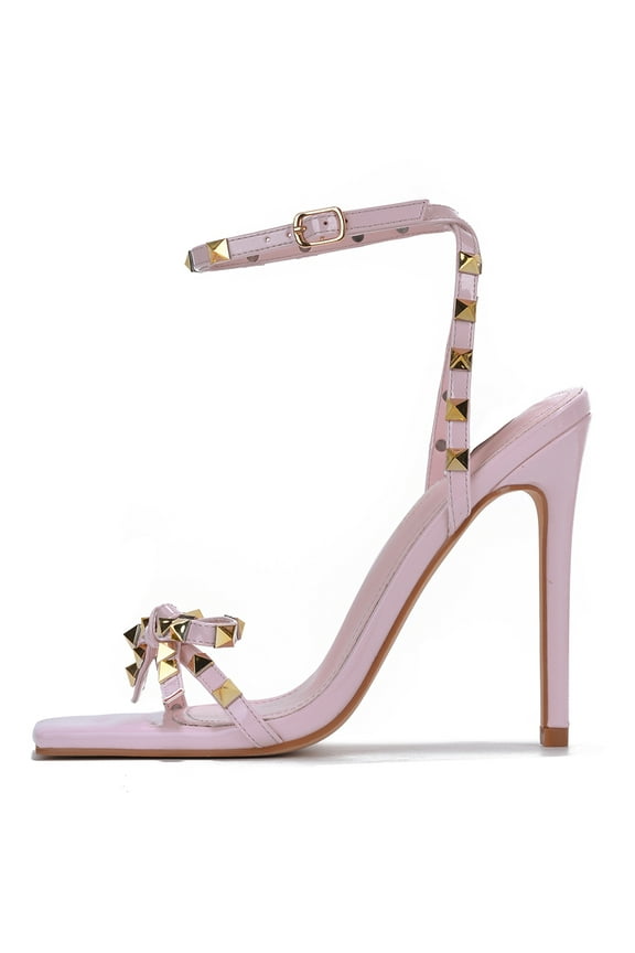 Women Sexy Stiletto High Heels Gold Studded Square Toe Ankle Strap Bow CAFENOIR Light Pink 7.5