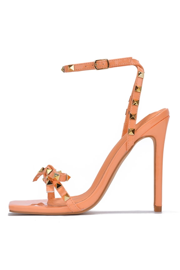 Women Sexy Stiletto High Heels Gold Studded Square Toe Ankle Strap Bow CAFENOIR Orange 8