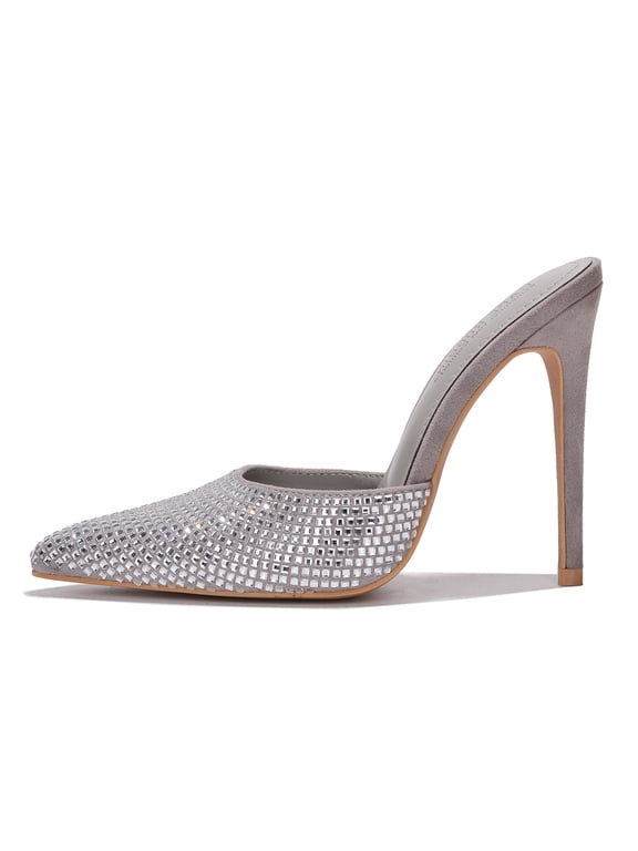 Women Slip On Formal Stiletto High Heels Suede Pointy Toe Bling Rhinestones KLAYTON Gray Silver 8.5