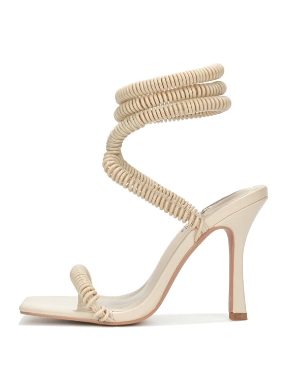 Women Stiletto High Heels Coil Cord Leg Design Square Toe Modern RINGRING Beige Nude 7.5