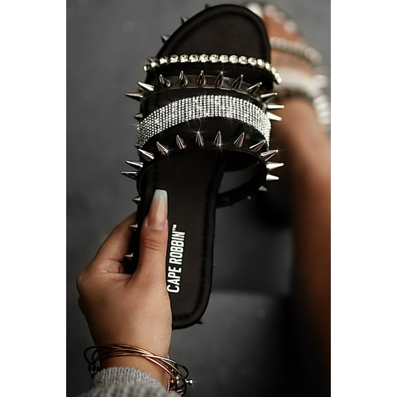 Cape Robbin Xtreme Flat Slide Sandals Rhinestone Black Silver Spiked Mule (7, BLACK)