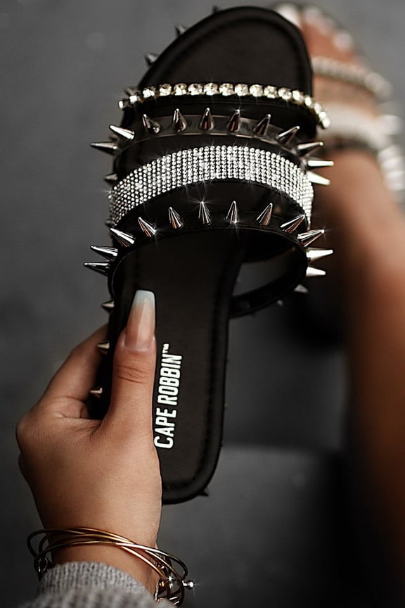 Xtreme Flat Slide Sandals Rhinestone Black Silver Spiked Mule (7, BLACK)