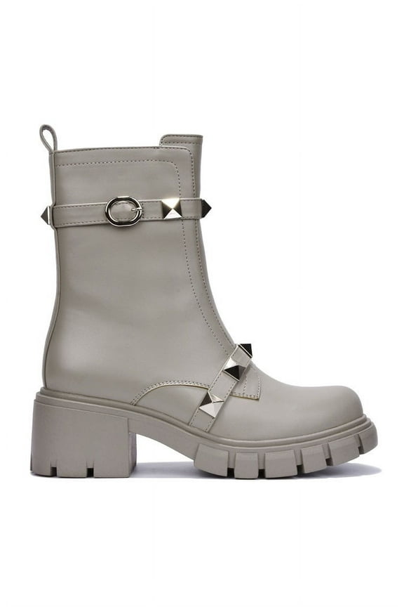 Yuri Grey Gold Embellished Buckle Strap Block Chunky Heel Moto Boots (Grey Gold, 6)