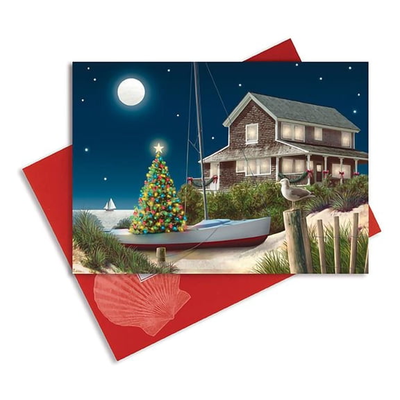 Cape Shore Embellished Christmas Cards and Envelopes - Moonlit Beach House Gift for Birthday, Anniversary, Wedding, Friend, and Family
