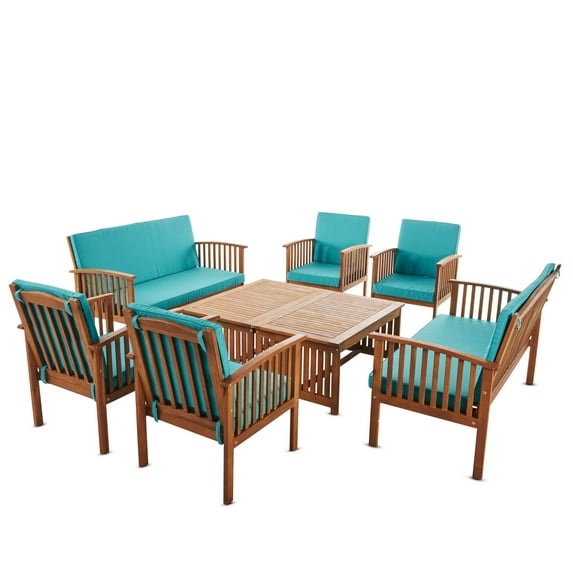 Cape Town Outdoor 8 Piece Acacia Wood Sofa Set with Cushions, Brown Patina and Teal