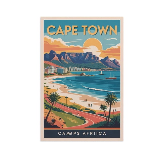 Cape Town Retro Travel Poster Vintage South African City Tourism with Table Mountain Canvas Poster