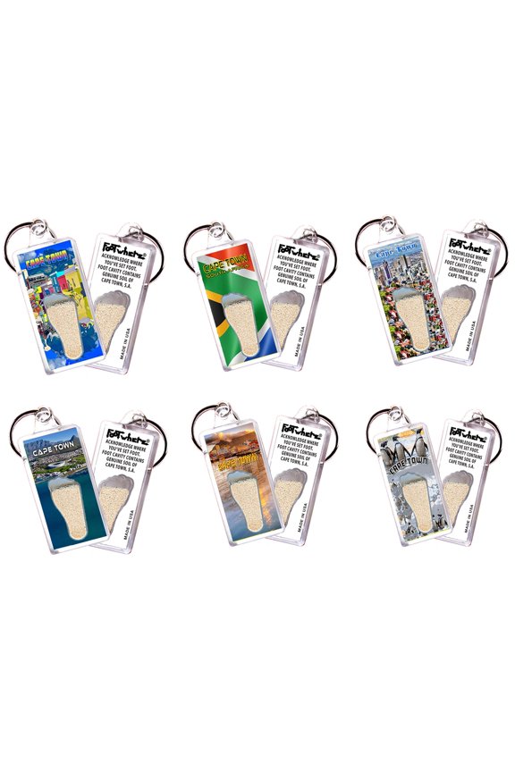 Cape Town, S.A. FootWhere Souvenir Keychains. (CPT100 - Assorted) 6 Piece Set