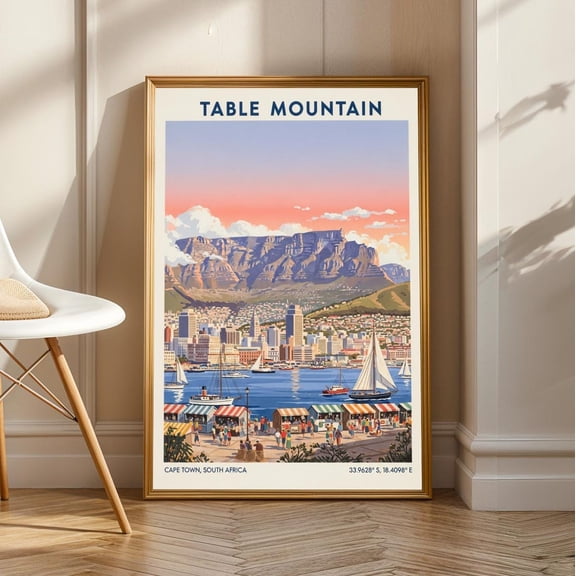 Cape Town Table Mountain Print: Vintage South Africa Travel Poster, Stretched Canvas Size 12x18