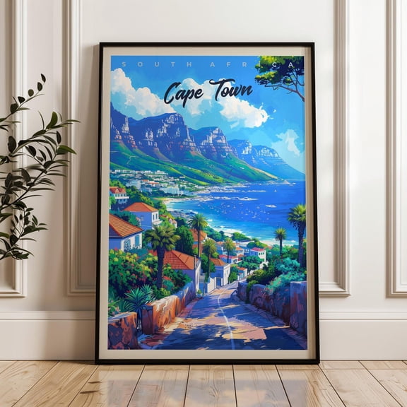 Cape Town Travel Print, South Africa Art Print, Table Mountain Illustration, Unframed Canvas 24x36in