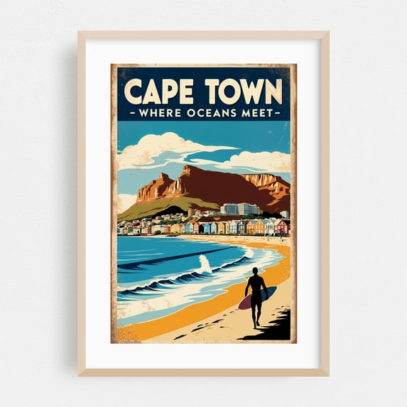 Cape Town Vintage Poster – Coastal South African Art Print - Cape Town Western Cape South Africa Illustration Travel Poster Vintage Poster Surfboard Seascape Oak Framed Wall Art Print 12 x 18 inches
