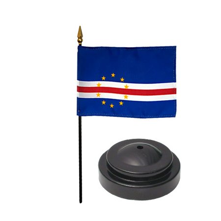 Cape Verde Desk Flag with Base; American Made Rayon 4x6 inch Miniature Table Set Includes One Small Mini Country Stick Flags and One Black Stand (Cape Verde Desk Flag and Base)